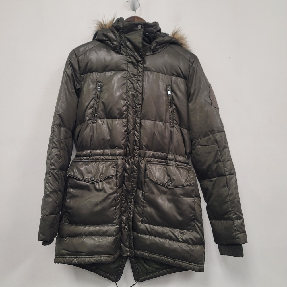 Lauren Ralph Lauren Womens Full Zip Down Jacket Size M Green Fur Trim Hood Patch
